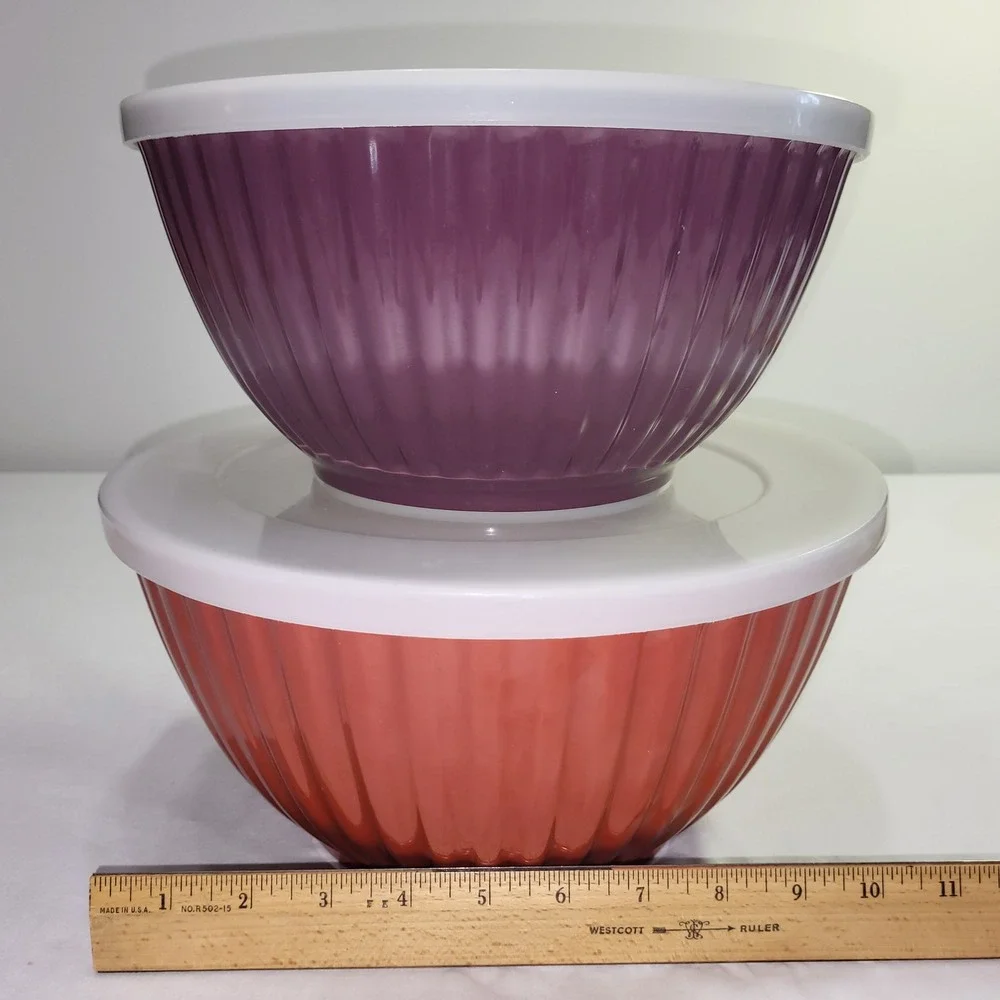 Melamine Mixing Bowl Set Purple Burnt Orange Fluted Ribbed with Lids 2pc